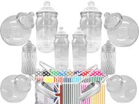 LARGE 10 MIXED Plastic Sweet Jars, 2 Tongs, 2 Scoops, 100 Bags - Vintage Victorian Pick & Mix Sweet Shop Candy Buffet Kit Party Pack (Rainbow Polka Dot Mix)