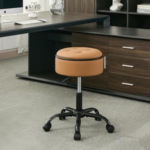 FIRAVOE Drafting Chair with Wheels (Stool & Small Table in One) (Adjustable Office Chair 20.67"-24.61"), Caramel Brown Rolling Stool with Storage