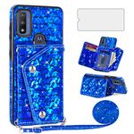 Asuwish Phone Case for Motorola Moto G Pure 2021 Wallet Cover with Screen Protector and Credit Card Holder Leather Bling Glitter Cell Accessories MotoGPure MotoG GPure XT2163DL 6.5 Women Men Blue