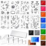 26 Pieces Acrylic Stamp Blocks Tools Set Including 8 Plants and Flower Silicone Clear Stamps Seal 6 Stamp Blocks 12 Craft Ink Pads Decorative Clear Stamps for Scrapbooking Card Making Journaling