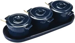 Whole Housewares Mini Cocotte Set with Golden Spoons and Blue Serving Tray - 3 Small Blue Casserole Dishes, 10oz Each with Lids and Handles - Versatile for Baking, Serving, Microwave & Dishwasher Safe