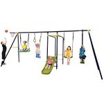 HONEY JOY Swing Set, 660lbs 7-in-1 Heavy Duty Swingset Outdoor for Kids w/A-Frame Metal Swing Stand, 2 Swings, Glider, Gym Rings, Slide, Monkey Bar, Basketball Hoop, Swing Sets for Backyard