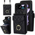 XIMAND for Samsung Galaxy Z Flip 4 Wallet Phone Case with Ring and Adjustable Crossbody Strap, Stylish and Muti-funtional Accordion Style Flip Case with 4 Card Slots for The Women and Girls（Black）