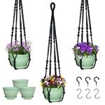 Checrxy Macrame Plant Hanger with Pot, 3 Set Hanging Planters for Indoor Plants, Handmade Cotton Rope Boho Home Decor, Idea Gift for Anyone, Includes Plant Holders, Pots, Plates and Hooks (Blue)