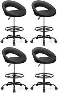BESTFAIR Office Drafting Chair - Bar Stools with Back Support, Adjustable Foot Rest and Wheels, Shop Rolling Swivel Chair for Standing Desk Counter Kitchen Salon Home Vanity, Black 4 Pack