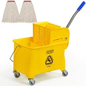 Matthew Cleaning 22 Quart Compact Mop Bucket INCL.2 Pack Mop Head with Side Press Wringer On Wheels,Tandem Portable Floor Cleaning Wavebrake,Ideal for Household,Industrial,Restaurant,Janitorial Use