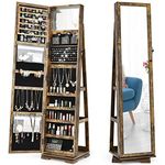 CASART Jewellery Cabinet, 3 in 1 Standing Jewelry Armoire with Full-Length Mirror and Storage Shelf, Lockable Jewellery Organiser for Earring Ring Necklace Cosmetics (360° Swivel Rustic Brown)