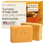 PLANTIFIQUE Turmeric & Kojic Acid Soap – Lab Tested – 2 Bars for Dark Spots & Hyperpigmentation – Face Wash with Vitamin C, Hyaluronic Acid & Collagen, 160 g