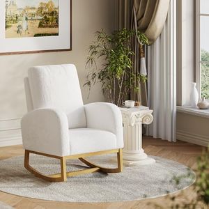 Nursery Rocking Chair, Comfy Upholstered Glider Rocker Armchair with High Back and Side Pocket for Living Room Bedroom, White