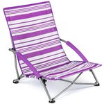 Trail Low Folding Beach Chair, Lightweight Portable Deck Sun Lounger Seat, Camping Festival Picnic Garden, Padded Armrests, Anti Sink Feet, Carry Bag with Strap (Purple Stripe)