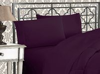 Elegant Comfort Luxurious 1500 Premium Hotel Quality Microfiber Three Line Embroidered Softest 4-Piece Bed Sheet Set, Wrinkle and Fade Resistant, King, Eggplant-Purple