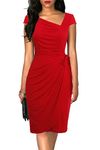 Liyinxi Womens Retro 1950s Cap Sleeve Knee-Length Sheath Slim Business Casual Party Ruched Bodycon Faux Wrap Dress, 8022-red, Small