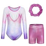 Kiscorpse Gymnastics Leotard for Girls, Long Sleeve/Sleeveless Sparkle Dancing Leotards Athletic Dancewear Pink & Purple Gradient Dance Costume for Girls (Pink_Long, Tag 8A(7-8 Years))