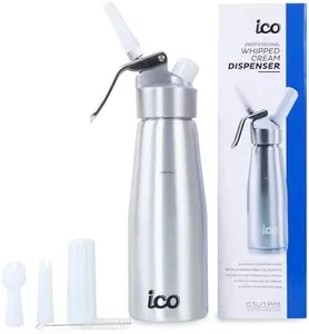 ICO Professional Aluminum Whipped Cream Dispenser for Homemade Whipping Cream, Desserts, Dips, & Sauces, Whipped Cream Maker for use with Whip Cream Charger, Silver, 1-Pint