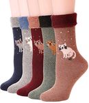 EBMORE Merino Wool Socks for Women Hiking Thermal Winter Warm Thick Boot Cozy Crew Comfy Work Socks Stocking Stuffers Gift 5 Pairs(Cat-Turn Cuff)