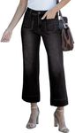 luvamia Wide Leg Jeans for Women Trendy High Waisted Flare Jeans Cropped Denim Pants Stretchy Baggy with Patch Pockets Womens Flare Jeans Pants for Women Black Trousers for Women High Waist Size 10