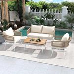 OMCCO 4 Outdoor Sofa Garden Balcony Sofa Patio Conversation Sofa Set with Coffee Table Wood Top for Living Room Lown Pool(Beige)