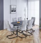 Hallowood Furniture Cullompton Large Dining Table and Chairs Set of 6, Grey Marble Effect Top Oval Dining Table and High-Backrest Grey Fabric Chairs, Dining Table Set for Home and Café