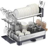 SONGMICS Dish Drying Rack - 2 Tier Dish Rack for Kitchen Counter with Rotatable and Extendable Drain Spout, Dish Drainer with Utensil, Cup, Glass, Cutting Board Holders, Silver and Gray UKCS032E01