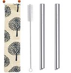 Reusable Bubble Tea Straws, Metal Boba Smoothies Straws 12mm 0.5" Extra Wide Stainless Steel Drinking Straws for Thick Shakes Milkshakes with Travel Carry Bag Cleaning Brush, Angled Tips Silver 2PCS