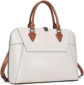 BOSTANTEN Briefcase for Women Leather 15.6 inch Laptop Shoulder Bag Office Work Crossbody Handbag Beige-White