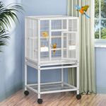 DWVO 41-inch Metal Bird Cage: Large Parrot Cages with Rolling Stand​ - Features Tray, Food Boxes & Wooden Perches for Parakeets, Lovebirds, Cockatiels, Finches and Pigeons, White