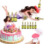 Happy 21st Birthday Cake Topper Decorations For Her With Mini Liquor Wine Bottle Candles, Toilet & Jointed Doll | 21st Birthday Decoration Party Supplies | Drunk Doll Cake Toppers