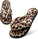 JOINFREE Thong Slippers Womens Fuzzy Open Toe House Slippers Slides for Women Leopard Gold 11-12 M