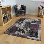 The Rug House Milan Purple, Black & Grey Patchwork Hall Runner Rugs 1568-H33-10 Sizes