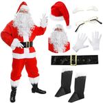 10 Piece Santa Suit Mens - Medium - Father Christmas Fancy Dress in 10 Pieces - Jacket, Trousers, Hat, Wig, Beard, Eyebrows, Glasses, Gloves, Boot Covers & Belt