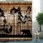 Omifly Rustic Cabin Shower Curtain 60Wx72H Inch Farmhouse Cute Bear Deer Country Lodge BrownWooden Board Moose Wildlife Safari Animals with 12 Plastic Hooks Waterproof Toilet Accessories Decor