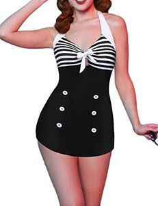 Ekouaer Womens One Piece Swimsuits Vintage Striped Skirt Bathing Suit Vintage Retro Push Up Swimwear Black White