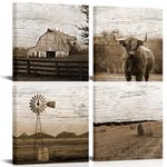 iKNOW FOTO Sepia Farmhouse Canvas Wall Art 4 Piece Set Highland Cow, Barn, Windmill, Straw Bales Pictures Vintage Texas Longhorn Cattle Giclee Prints for Living Room Decor 12x12 Inches Each