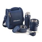 SOPL-OLIVEWARE Teso Lunch Box with Plastic Cutlery, 3 Microwave Safe Inside Steel Containers with BPA free Lids (290ml, 450ml & 600ml), Plastic Pickle Box (130ml), Steel Water Bottle(750ml) - Blue