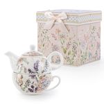 EHC Bell Flowers Design Porcelain Tea for One Tea-Pot with Handle, Microwave Safe, Oven Safe, Dishwasher Safe,Gift Boxed, Tea Pot 490/Cup 320ml