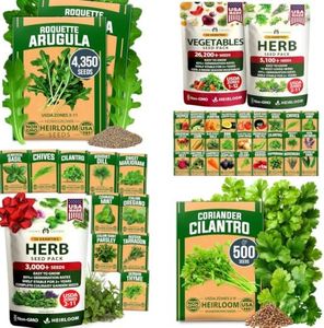 HOME GROWN Seed Bundle - Cilantro Coriander (500+), 70 Variety Vegetable & Herb Kit (30,600+), 10 Herb Variety Culinary Kit (3,000+) & Arugula Roquette (4,350+) Seeds