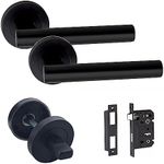 Golden Grace Straight T-Bar Design Door Handle Matt Black Finish Bathroom WC Toilet Door Handle Set with 64mm Bathroom Mortise Lock and Thumbturn on Round Rose