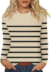Womens Shirts Fall Oversized Striped - Long Sleeve Cerwneck Loose Fit Pullover 2025 Trendy Comfortable Office & Casual Wear(Khaki,Medium)