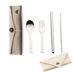 Rusabl (Pack of 5, Beige) Stainless Steel Cutlery Set, Reusable Travel for Daily Use, Gifting and Traveling, Spoon and Fork Set (Spoon, Fork, Steel Straw, Cleaner, Napkin and Jute Pouch