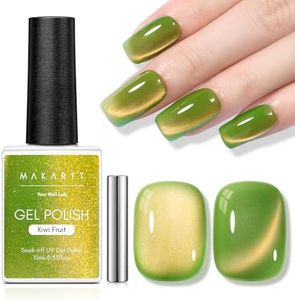 Makartt Cat Eye Gel Nail Polish - 10ml Premium Holographic Magnetic Gel with Magnet Stick, Shimmery Galaxy Effect, Long-Lasting Soak Off UV for Salon & Home DIY - Kiwi Green