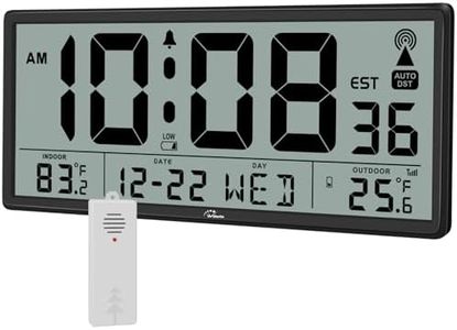 WallarGe Atomic Clock with Indoor Outdoor Temperature - Easy to Read - Self Setting, 14.5'' Jumbo Auto Set Digital Wall Clock Battery Operated