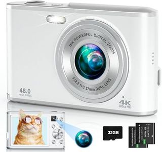4K Digital Camera, 48MP Autofocus Kids Camera Selfie with Front and Rear Dual Lenses, 32GB Card, 2 Batteries, 16X Digital Zoom, Compact Travel Vlogging Video Camera Gift for Kid Teen Beginner(White)