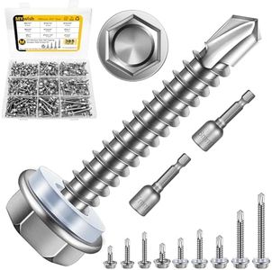 Mywish 410 Stainless Steel Self Tapping Screws for Metal, 385 Pieces #8#10#12 Hex Head Self Drilling Screws Assortment Kit, Length 1/2" to 2", High Strength Sheet Metal Screws