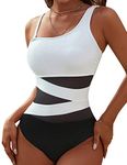 Blooming Jelly Women's Sexy One Piece Bathing Suits Slimming One Shoulder Swimsuits Mesh Swimwear(Large,White and Black)