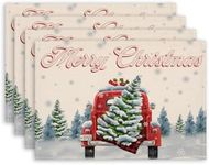 ARTHMOM Red Truck Merry Christmas Placemats Set of 4, 12x18 Inches Winter Xmas Table Mats Seasonal Holiday Snowflakes Christmas Tree Farmhouse Rustic Kitchen Dining Placemats for Home Party Decoration