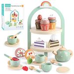 GAGAKU Wooden Tea Party Set for Girls Tea Set for Toddler Food Pretend Play Accessories Kids Kitchen Playset Tea Set for Toddlers 26Pcs