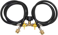 5ft Propane 2 Way Splitter Adapter Hose 1 lb to 20 lb Converter with Shut Off Valve, Propane Hose Adapter 1lb Portable Appliance to QCC1/Type1 5-40lb Tank for Camping Stove, Gas Grill, Portable Heater