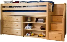 Maxtrix Solid Hardwood Twin-Size Low Loft Bed with Storage Staircase Entry, Bookshelf and 3 Drawer Dresser, Natural