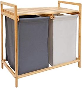 COMELLOW Bamboo Laundry Hamper and Shelf, 2 Sections Laundry Basket with Removable Liner, Dual Compartments Laundry Organizer and Storage, Wooden Laundry Sorter with Sliding Handles