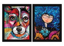 ArtX Paper Dog & Abstract Girl Framed Wall Art Painting, Multicolor, Abstract, 10 X 13 inches each, 20 X 13 inches combined, Set of 2